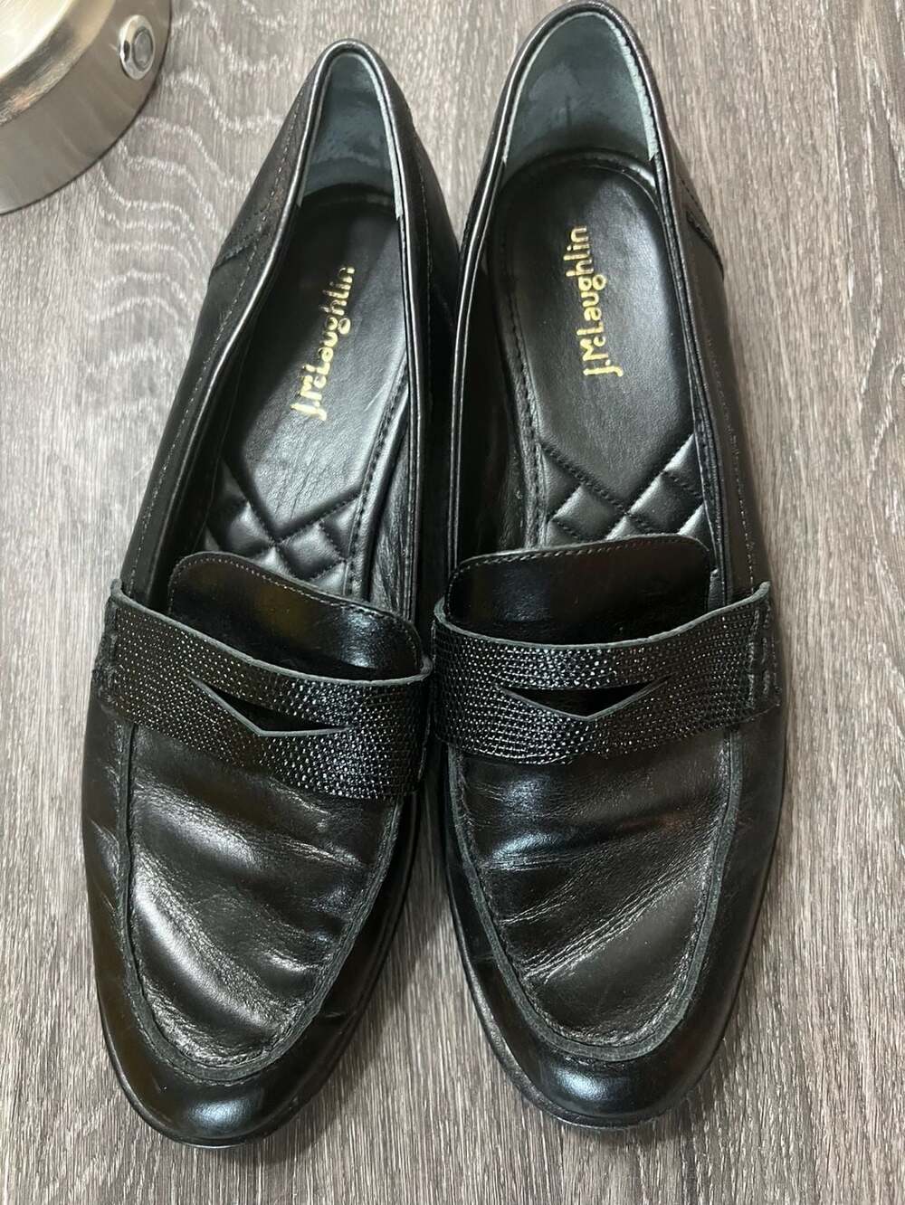 J.McLaughlin Black Leather Penny Loafers with Crinkle Strap Detail Size 9